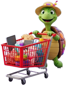 Cartoon turtle with a shopping cart